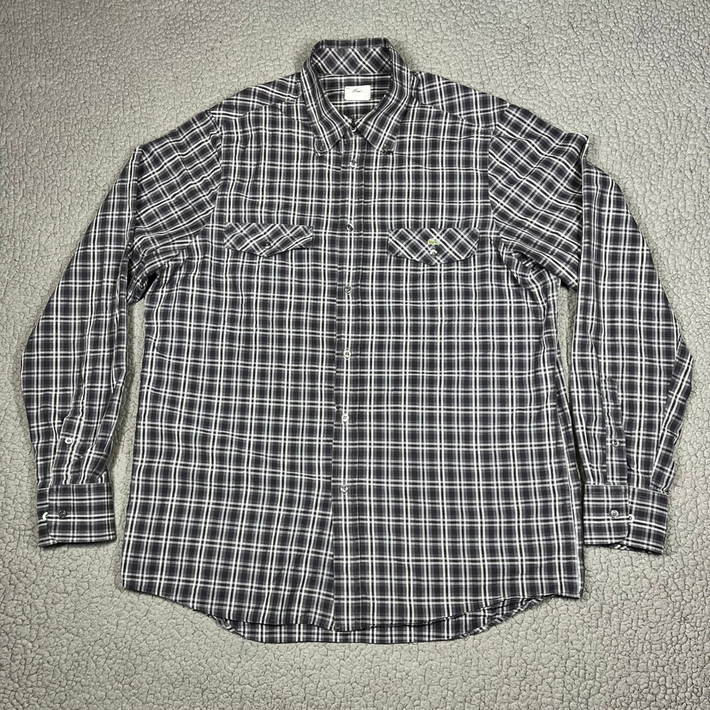 Lacoste Mens Black White Plaid Long Sleeve Button Down Shirt Size 42 L 6489
